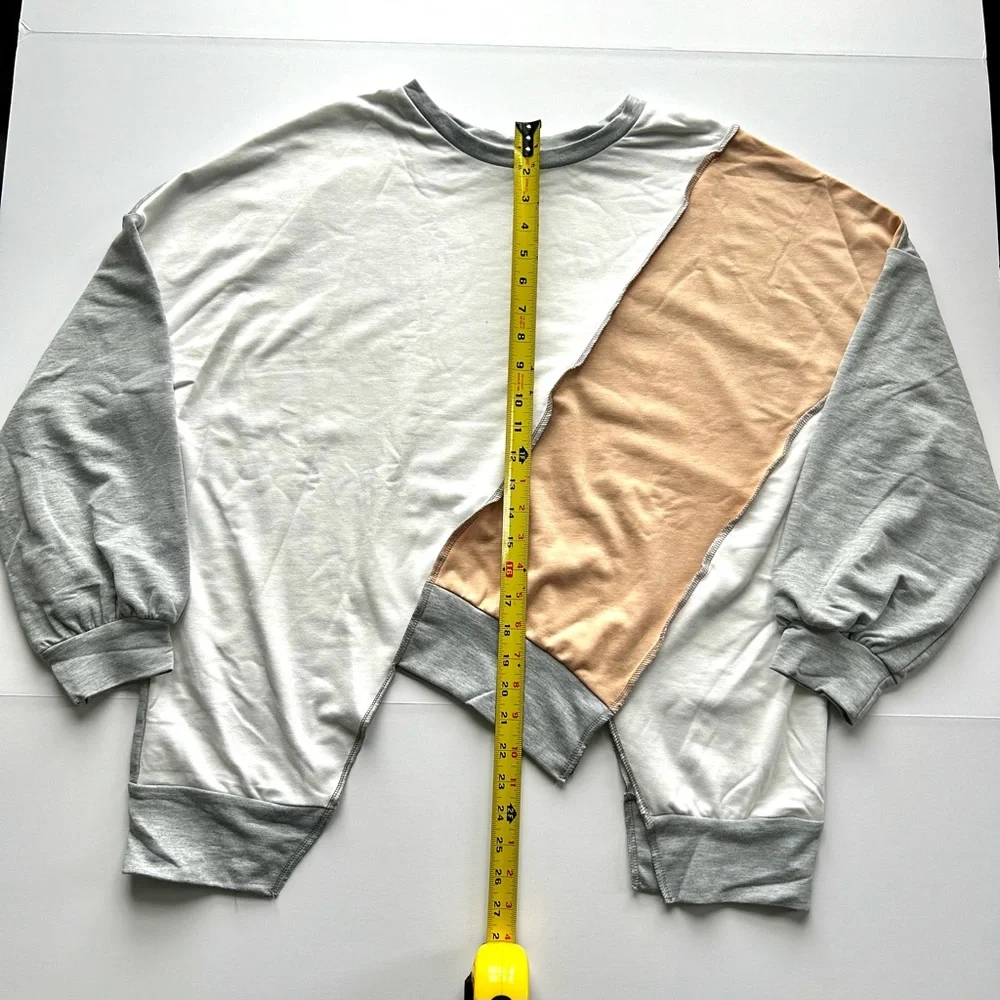🌸NWOT Patchwork/Colorblock Long Sleeve Top. Tan, Grey & White. 1 SM 1 MED 1 LG - Picture 9 of 11